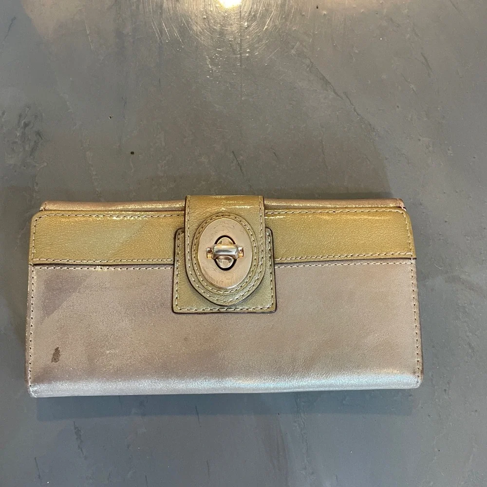 Coach Metallic Champagne Gold Leather Slim Envelope Turnlock Wallet Pink FLAW